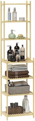 HOMCOM Bamboo Bathroom Shelving Unit with 7 Levels, Slat Design S...
