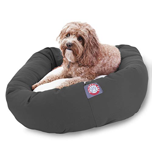 Image of Majestic Pet 32 Inch Poly-Cotton Sherpa Calming Round Dog Bed - Washable, Soft, with Head Support - Fluffy Donut Design, Gray (32x23x7 Inch) - Medium