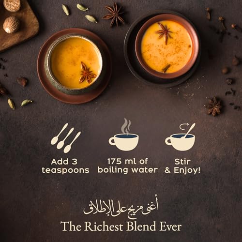 Chai Karak – Sofortiger Chai-Tee mit orientalischen Gewürzen, Safran, Kardamom, Zimt, Nelken – Luxusglas mit 250 g Pulver – cremige Textur – bis zu 25 Portionen – Geschenkidee