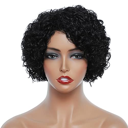 XYHair 8 inch Short Brazilian Human Hair None Lace Curly Wigs 150% Brazilian Density Human Hair for Black Women Natural Black