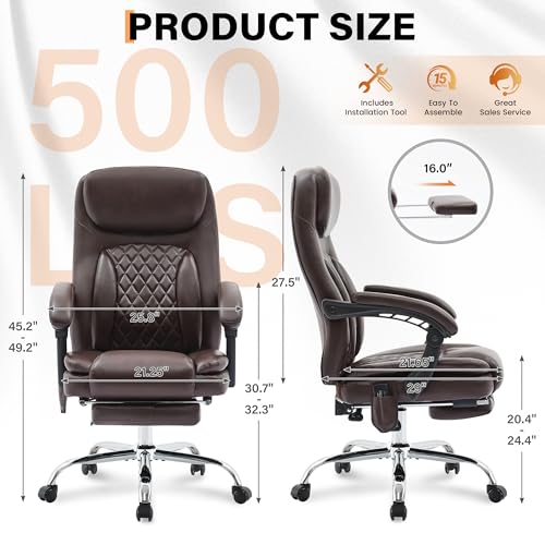 Image of 500LBS Massage Office Chair, Reclining 6 Points Vibration and Heat Desk Chair with Foot Rest, Ergonomic Executive Office Chairs, Comfy Wider & Thicker Seat, Big and Tall Gaming Chair, PU Leather Brown