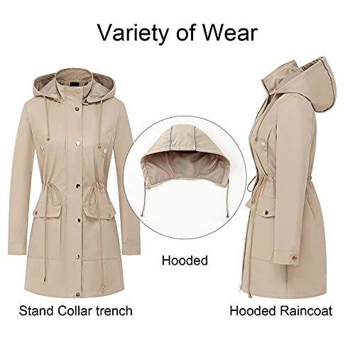 Creatmo Us Women's Soft Shell Trench Coat Water Resistant With Detachable Hood Lightweight Long Raincoat Khaki M #TOP2