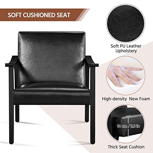 Image of Yaheetech PU Leather Black Chairs, Mid-Century Modern Armchair with Solid Wood Legs, Reading Accent Chair with High Back for Living Room Bedroom Waiting Room, 2 pcs, Black