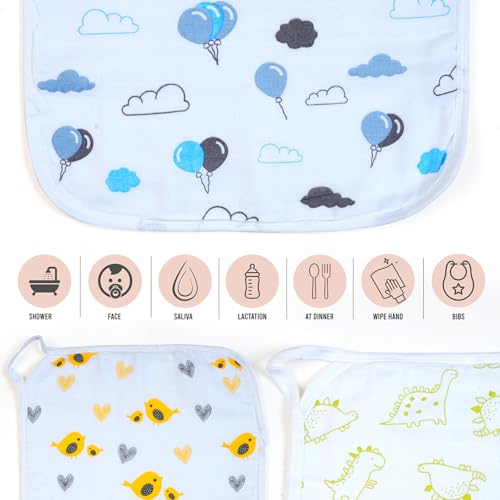 Image of T 100% Organic Muslin Cotton Baby Washcloths - GOTS Certified - complies with CPC - Pack of 6 (White Base, Sea2Sky)