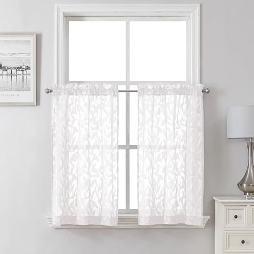 Lecloud Leia Sheer White Kitchen Curtains 36 Inch Length 2 Pcs, Jacquard Leaf Textured Voile Short Curtain Tiers, Farmhouse Small Curtain for Bedroom Bathroom with Dual Rod Pocket, 30 W x 36 L