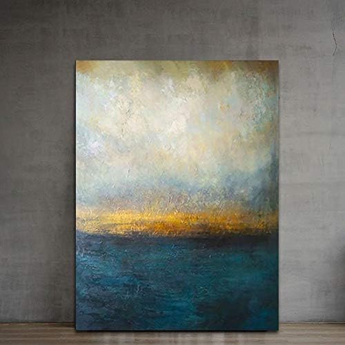Abstract Wall Art Metallic Dark Teal Gold Canvas Paintings Modern Art Landscape Wall Decor Handmade Textured Oil Paintings Home Decor Paintings for Living Room Bedrooom Office Wooden Framed 32"x48"