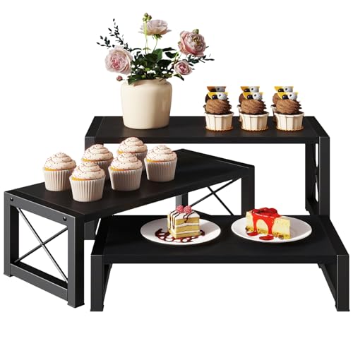 IBUYKE Cupcake Display Stand, Set of 3,Large Wood Risers Display Stands,Dessert Stand for Party,Tiered Serving Stand for Decor, Doll,Food,Perfume,Black UTLJ019B