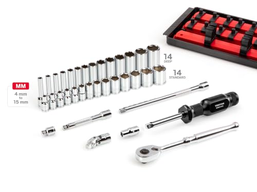 Image of TEKTON 1 /4 Inch Drive 6-Point Socket and Ratchet Set with Rails and Tray, 35-Piece (4-15 mm) | SKT03201