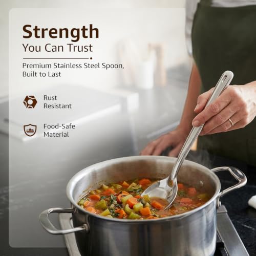 Image of Amazon Basics Stainless Steel Cooking Spoon Set 10 Pieces | Kitchen Utensil Set with Ladle, Turner, Strainer, Rice Spoon, Oval Spoon & Serving Spoons | Durable Food-Grade Steel | Rust Resistant | Easy to Clean | Hanging Design