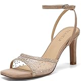 TEAIEUI Nude High Heels for Women with Rhinestone 3-Inch Sexy Stiletto Sandals | Square Open Toe, Comfort, Ankle Strap, for Prom, Dress Shoes, Party, Wedding, Daily 7.5