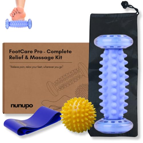 NUNUPO ® Rodillo masajeador Pies + Pelota de Masaje + Banda Elástica – Efectivo para Fascitis Plantar | Kit Completo de Masaje para Pies con Bolsa de Almacenaje