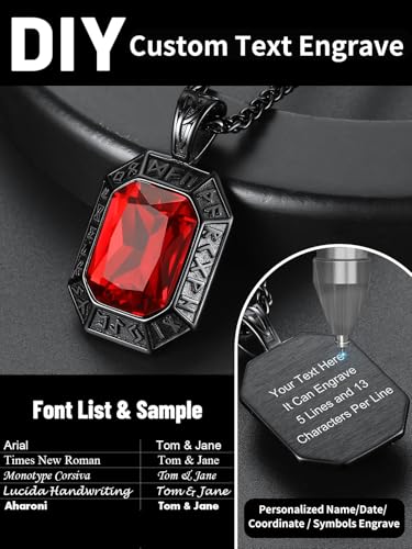 Image of ChainsHouse Viking Rune Pendant Necklace for Men Women, Punk Biker Black Metal /316L Stainless Steel Onyx Norse Vintage Amulet Necklaces with Black /Red /Green /Blue Gemstone, Send Gift Box