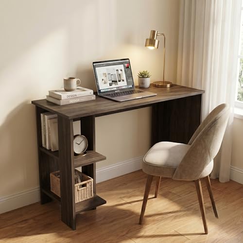 Image of Breeze Minimalist Study Table with 2-Tier Side Shelves, Modern White Computer Desk for Home Office & Students, 100x50x77cm (Dark Oak)