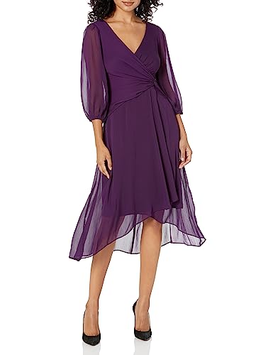 Image of DKNY Women's 3 /4 Balloon Sleeve Twist Front Chiffon Midi Dress