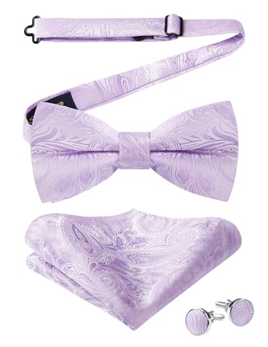 Image of HISDERN Bow Ties for Men Pre-Tied Bow Tie Floral Paisley Handkerchief Classic Formal Bowtie and Pocket Square Cufflinks Set