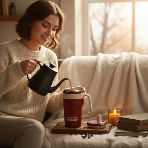 Image of Tea Infuser Travel Mug with Stainless Steel Filter & Straw, Leakproof Insulated Coffee Tumbler for Car Cup Holders, Double Wall Water Bottle, 600ML - Ruby Red