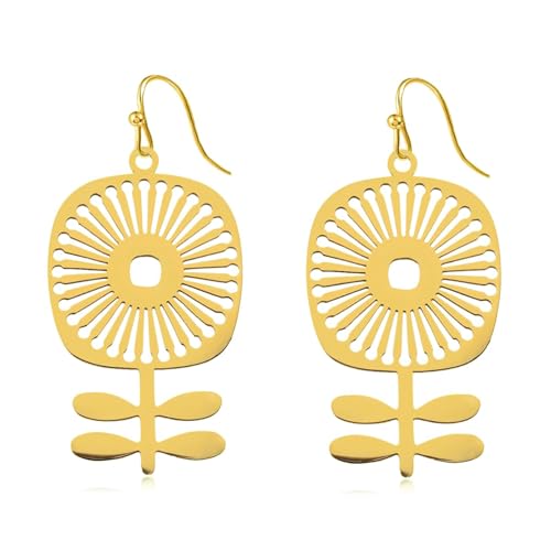 Trendy Boho Earrings, Gold Stainless Steel Bohemian Flower Earrings, Dangle Antique Retro 60s 70s Scandinavian Floral Jewelry for Women