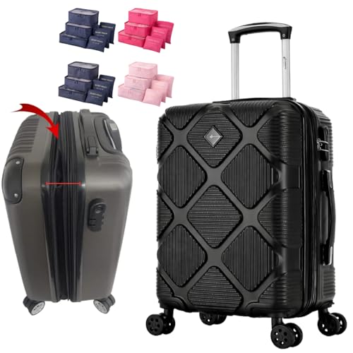 BELLEBOX Mala de Bordo Expansível ABS Rígido, Preta, 55x35x24cm, Rodas 360°, Cadeado TSA, 2,5kg, 10kg mais Kit Organizador de Mala