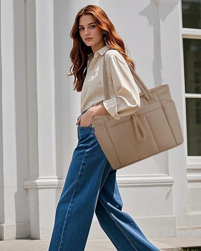 Image of Puffer Tote Bag for Women Handbag Nurse Bag with Cup Holder & Laptop Compartment & Trolley Sleeve for Work Travel