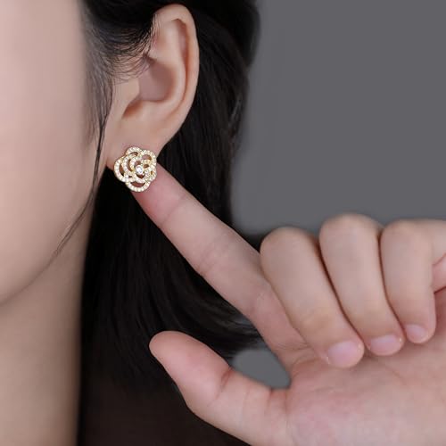 SLUYNZ Solid 925 Sterling Silver CZ Flower Wedding Earrings Stud for Women Teens 1.5CM Camellia Flower Stud Earrings Bridal2