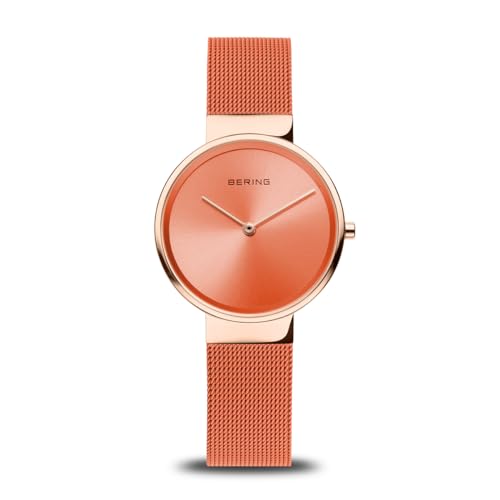 Bering 14531-565 Reloj de Cuarzo para Mujer con Caja de Acero Inoxidable de 31 mm con Acabado en Oro Rosa y Esfera Naranja, Correa milanesa, Cristal de Zafiro y Resistencia al Agua de 5 ATM