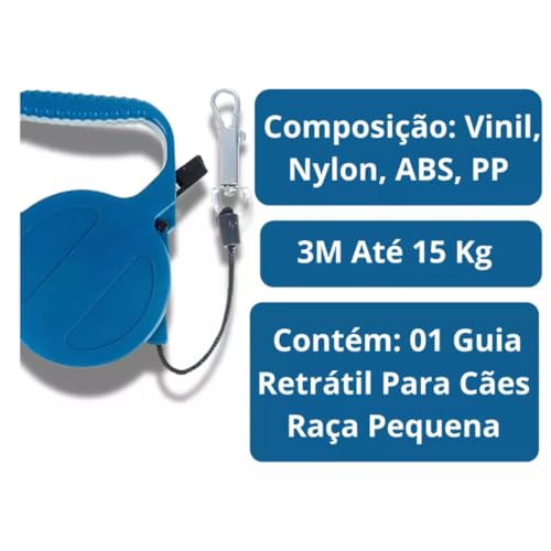 Guia Retrátil para Cães de Raça Pequena, 3M, Até 15 Kg, Material em Vinil e Nylon, Azul
