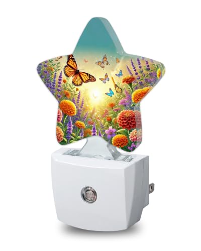 Image of Butterfly Flowers Plug in Star Night Light, Night Light with Sensor for Kids Nursery Bedroom, Decorative Soft Glow Lamp for Hallway Bathroom, Energy Saving