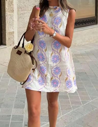 Image of Womens Summer Floral Print Mini Dress Romantic Sleeveless Shift Short Dress Vacation Fairy Dresses
