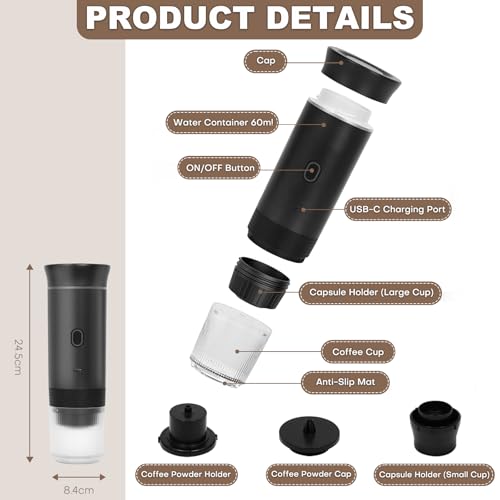 Umisu Tragbare 3-in-1 Espressomaschine Elektrisch, Kapselmaschine und gemahlener Kaffee, Espressomaschine, elektrisch, schnelles Aufheizen, für Büro, Reisen, Camping, Haus (schwarz) – Bild 5