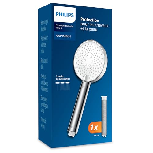 Philips Pommeau de douche avec filtre, élimine efficacement le chlore et les autres grosses particules, trois modes de pulvérisation, design améliorant la pression,...