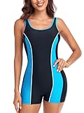 Ocean Blues Women's Blue Athletic Boyshorts One Piece Bathing Suit with Contrasting Panels Swimsuits Built-in Bra Active Swimwear Size Large