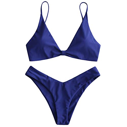 ZAFUL Women's Tie Knot Front Spaghetti Strap High Cut Bikini Set Swimsuit (Denim Dark Blue, S)