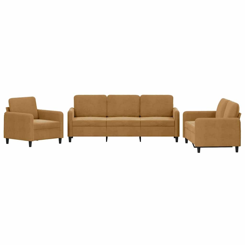 3-częściowy zestaw sof, brązowy, aksamitny, z wytrzymałą ramą, 3-osobowa, 2-osobowa i fotel, nowoczesna sofa do salonu, zajmująca niewiele miejsca, uniwersalna sofa z wygodnymi poduszkami