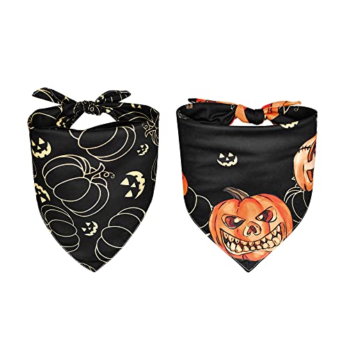 AVOIN colorlife Halloween Jack-o'-Lantern Pumpkin Pet Bandana 2 Pcs, Adjustable Holiday Party Triangle Reversible Dog Cat Scarf for Small Medium Large Dogs
