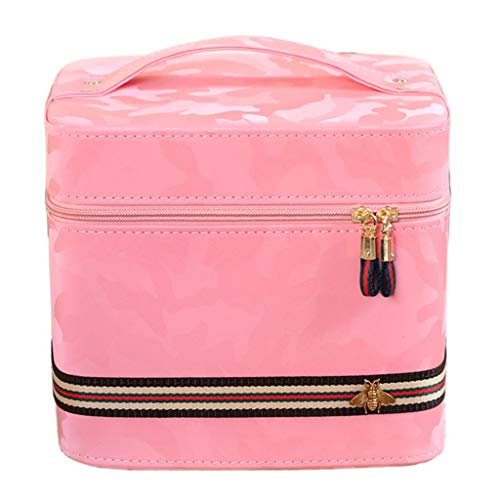 CRYA Bolsa de cosméticos Multifuncional de Cuero PU, Estuche Organizador de Maquillaje, con asa y Espejo, para Viajes a casa, vestidor, Rosa