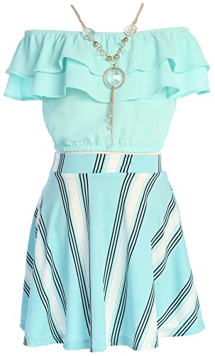 Image of Cold Shoulder Crop Top Ruffle Layered Top Flower Girl Skirt Sets for Girl