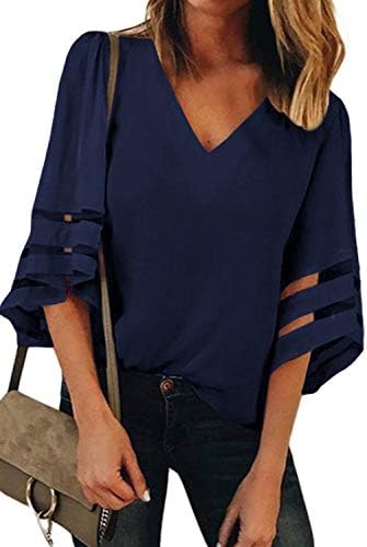 BLENCOT Womens 3/4 Bell Sleeve Style V Neck Lace Patchwork Shirt Informal Unfastened Shirt Tops