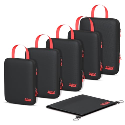 6 Set Compression Packing Cubes for Travel, 3 Sizes (5+1) for Carry-On Travel, Waterproof Compression Packing Cubes Set with Laundry Bag & Luggage Organizer (Black)