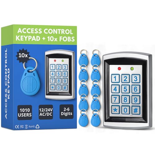 SecureMyDoor Tastiera di prossimità con controllo accessi con 10 telecomandi RFID di prossimità per uso interno ed esterno, 12-24 V, in alluminio pressofuso, memorizza 1000 carte e pin, chiavi