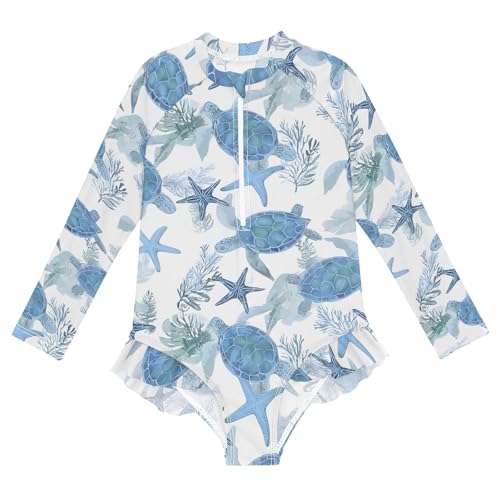 ALAZA Toddler Swimsuit Girl Bathing Suit Swimwear Rash Guard Beach Coastal Turtles Long Sleeve 3T