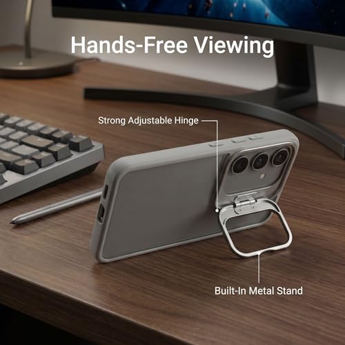 Image of amazon basics Frosted Matte Case for Samsung Galaxy A55 5G | Built-in Flip-Out Camera Lens Stand | Translucent Back with Contrast Gray Bumper | Shockproof Protective Cover with Foldable Kickstand