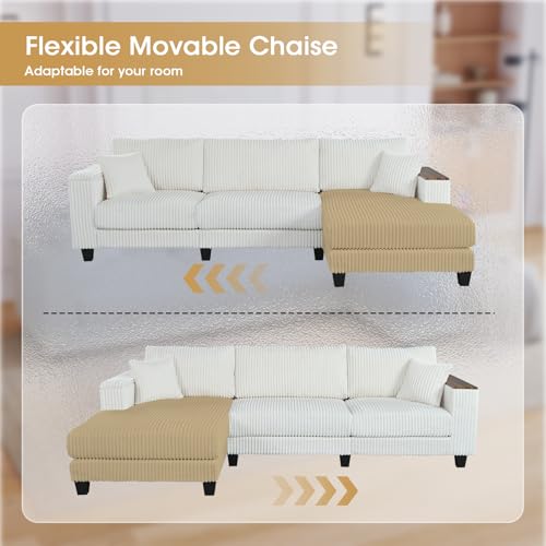 Image of 114.5 inch Corduroy Couch Sectional with Reversible Chaise with 2 Pillows Oversized Couch L Shaped Sofa with Two Armrests Hidden Storage Space Sectional Couches for Living Room White
