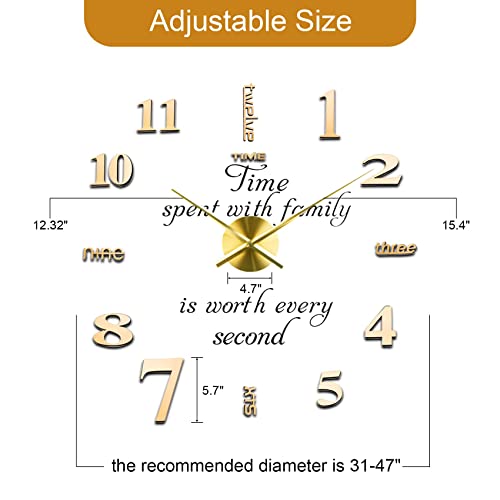 Lidnady Diy Wall Clock,3D Frameless Wall Clock,Large Modern Design Decor Sticker Diy Wall Clock Kit For Bedroom Living Room Home Decorations,Adjustable Size And Easy To Assemble (Gold) #TOP1