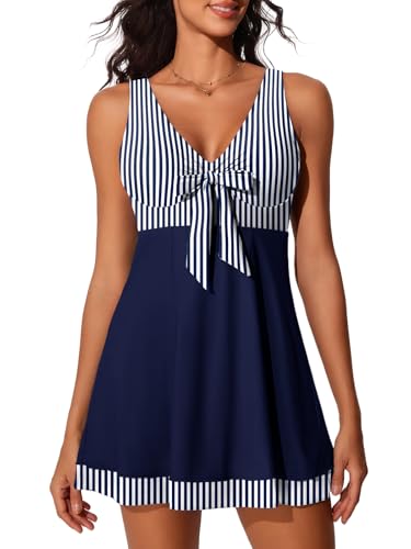 MiYang Women's One Piece High Waist Printing Swim Dress Padded Swimwear Blue Stripes Large