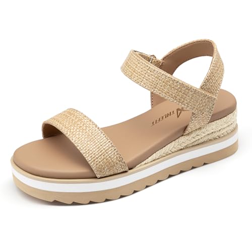 Image of Athlefit Girls Platform Wedge Sandals Open Toe Espadrille Sandals Ankle Strap Summer Dress Shoes for Toddler Little Big Kid