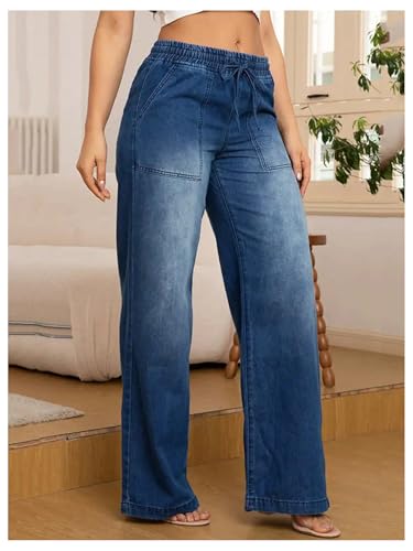SOLY HUX Women's Drawstring Elastic Waist Jeans Straight Leg Baggy Long Denim Pants2