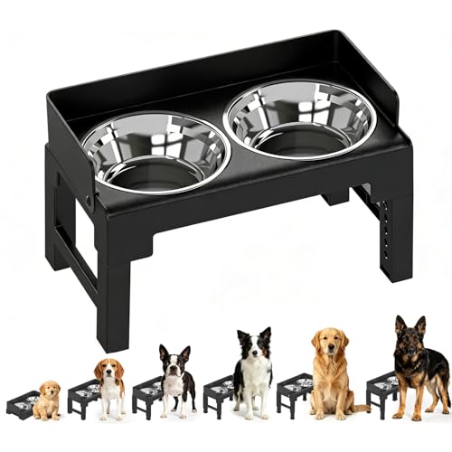 PAKEWAY Support Gamelle Surélevée Chien, 6 Hauteurs Réglables, Inclinable 5°, Double Gamelle INOX, Bord Anti-Éclaboussures 4,5cm, Antidérapant Toutes...