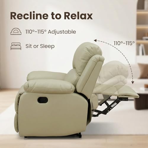 Image of Leather Manual Recliner Sofa Set, Adjustable Backrest Reclining Loveseat Sofa & Recliner Chair, Comfortable Reclining Seats for Home Theater, Apartment, Beige