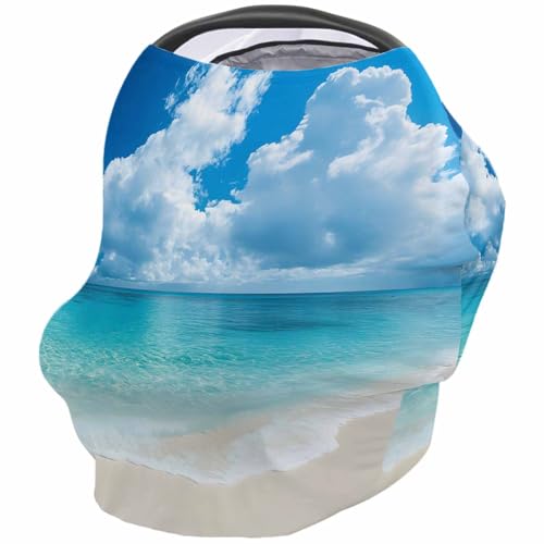 Turquoise Beige Coastal Nursing Cover for Breastfeeding Scarf, Summer Beach Sky Realistic Scenery Baby Car Covers Super Soft Multi Use for Canopy Shopping Cart Cover Blanket Stroller Cover