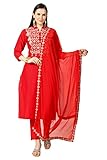 Lagi Women Straight Embroidered Solid Kurta Dupatta with Pant Set, Red (Small)